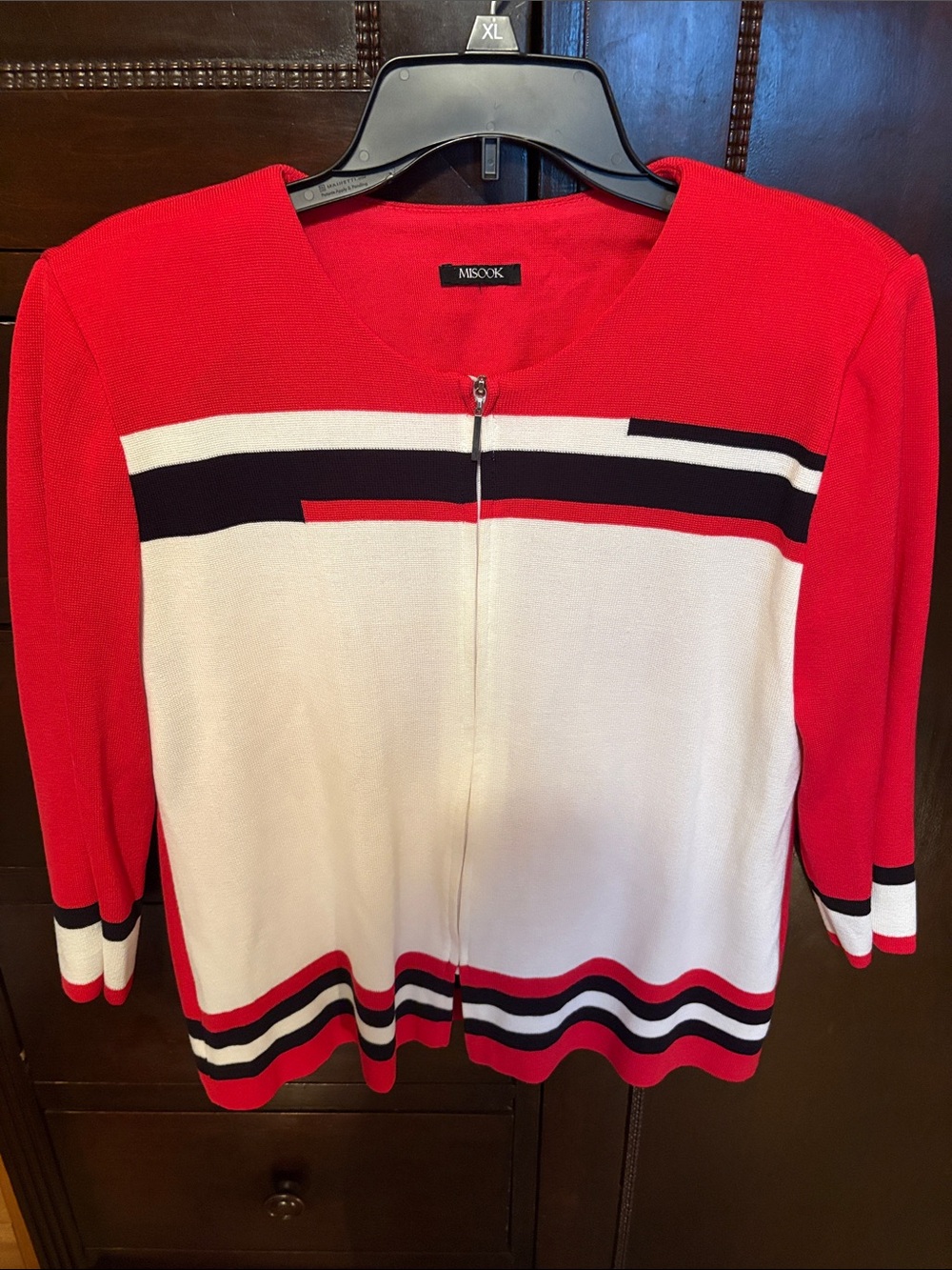 Misook Red, White & Black Striped Zip Knit Top